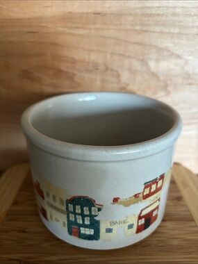 Vintage Robinson-Ransbottom Cream Ceramic Small Crock w/ Hand-Painted Townscene